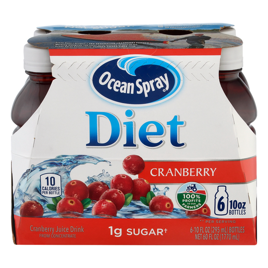 Diet Ocean Spray 100% Cranberry Juice 10oz 6 pack Plastic Bottles