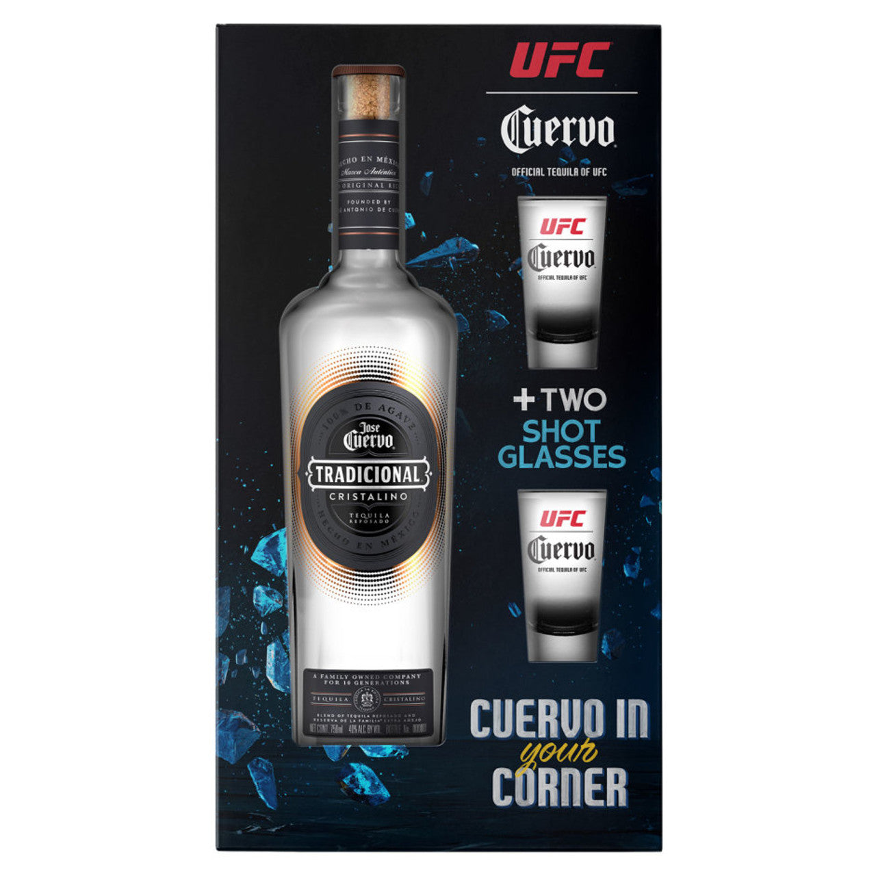 Jose Cuervo Tradicional Cristalino Tequila Reposado w/ 2 UFC shot glasses 750mL
