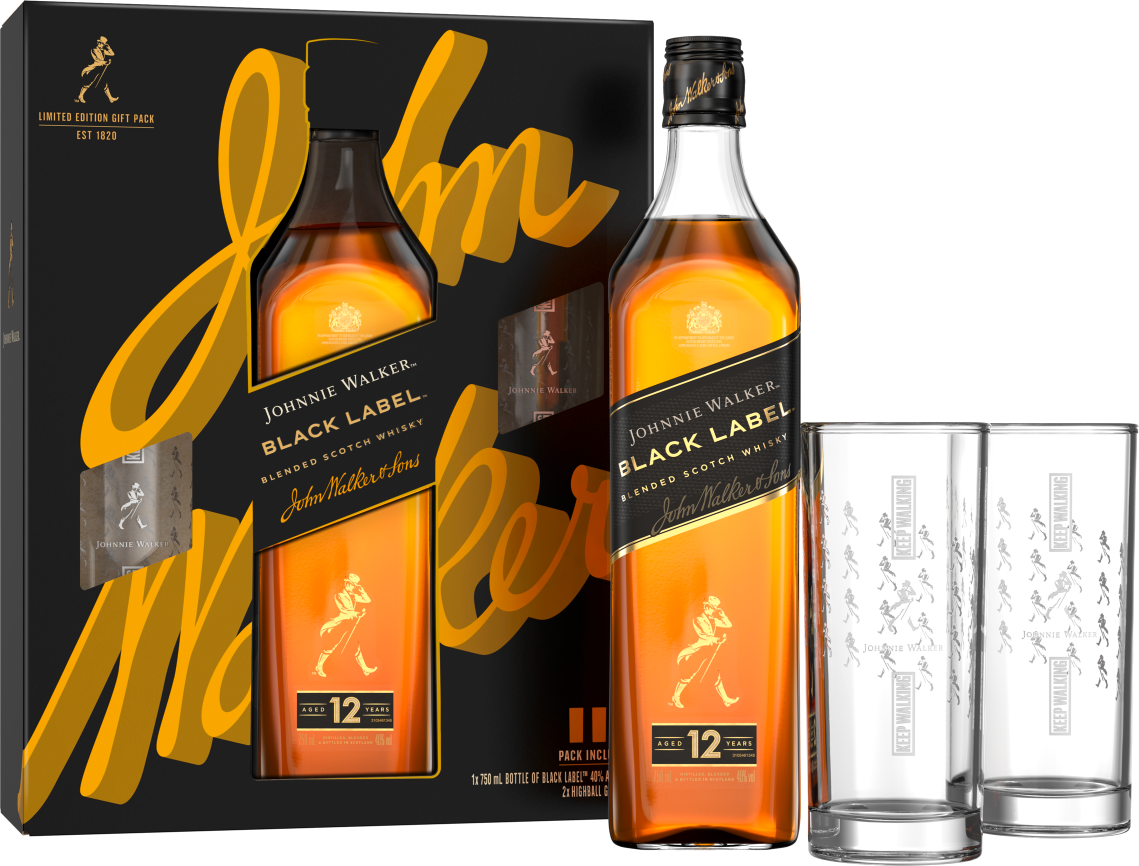 Johnnie Walker Black Label 750mL w/ 2 Highball Shot Glasses Gift Set
