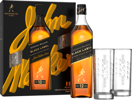 Johnnie Walker Black Label 750mL w/ 2 Highball Shot Glasses Gift Set