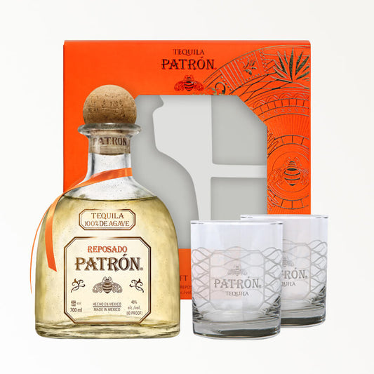 Patron Tequila Reposado 750mL w/ 2 Rocks Glasses Gift Set